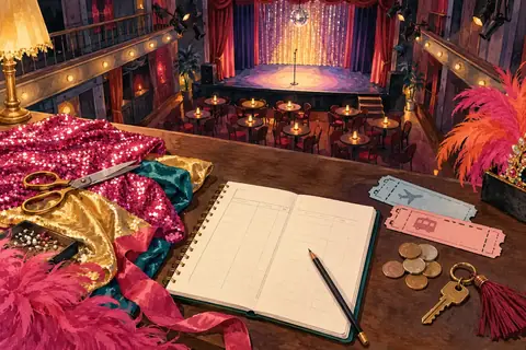 An empty stage with a notebook and fabric