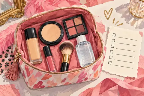 A pink makeup bag flat lay with a checklist
