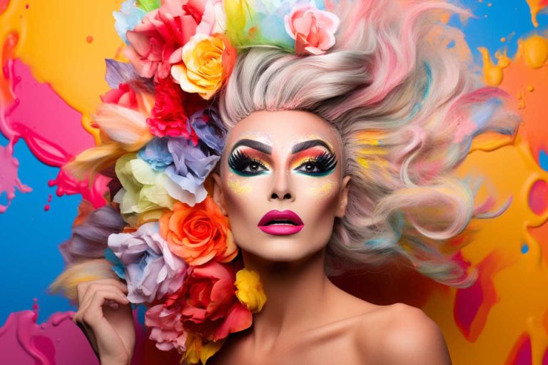 Colourful drag makeup with a floral headpiece and flowing pastel hair