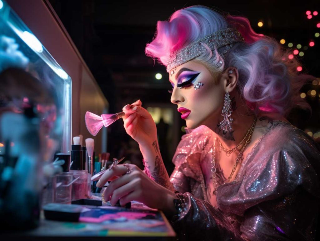 Drag performer applying makeup