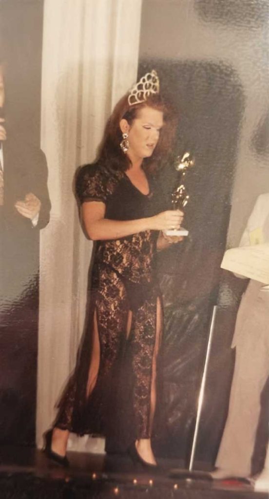 Jenni P with her drag pageant trophy