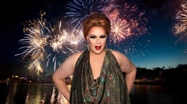 Jacqueline Frost in a vibrant drag outfit