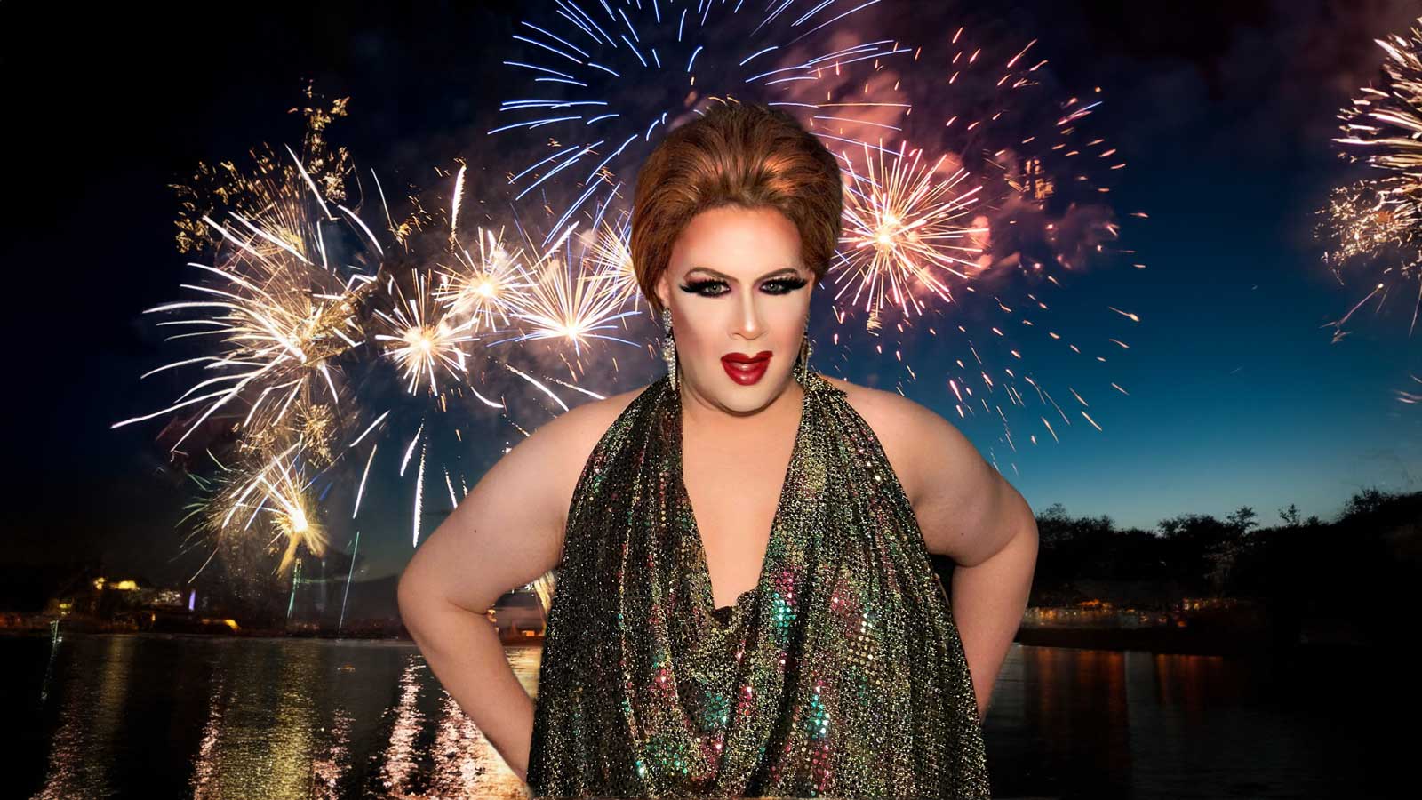 Jacqueline Frost in a vibrant drag outfit