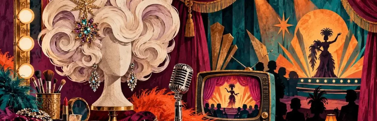 A symbolic cabaret panorama of wigs, television and live performance, not celebrity portraits.