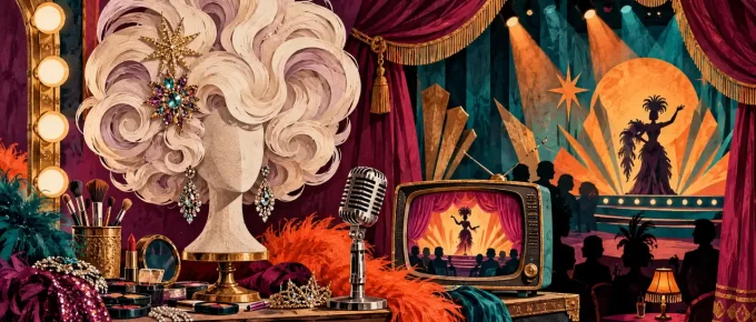 A symbolic cabaret panorama of wigs, television and live performance, not celebrity portraits.