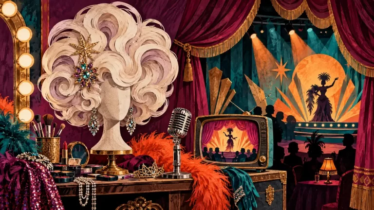 A symbolic cabaret panorama of wigs, television and live performance, not celebrity portraits.