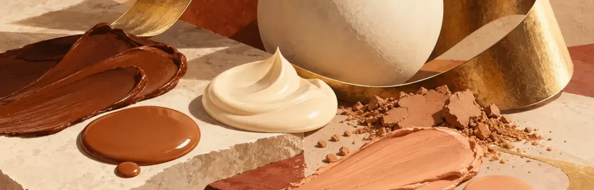 Conceptual cream, liquid and powder textures with matte and reflective surfaces.