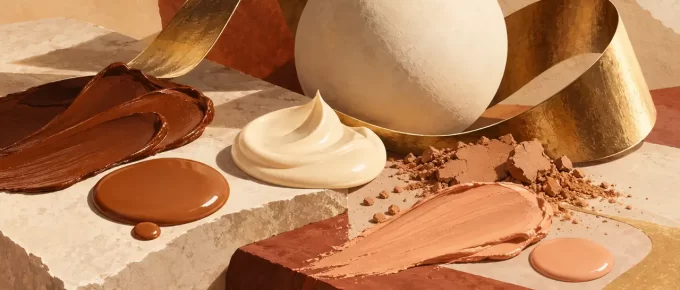 Conceptual cream, liquid and powder textures with matte and reflective surfaces.