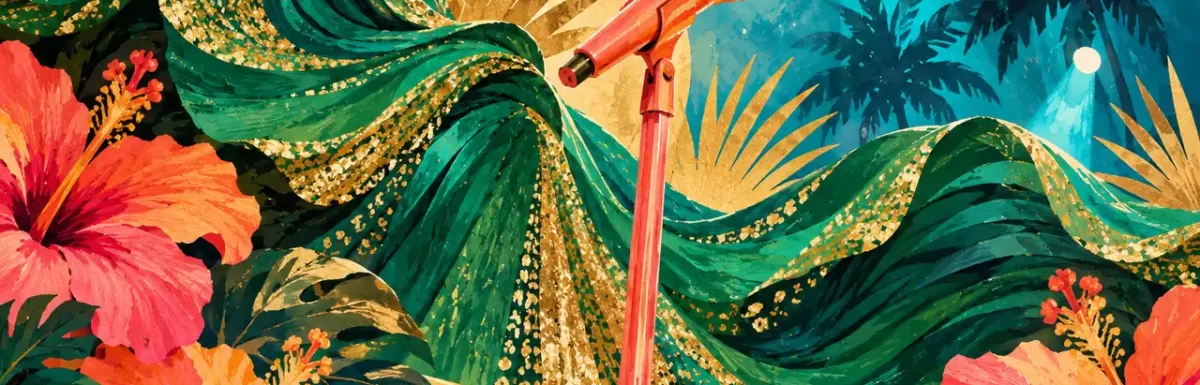 A symbolic tropical concert illustration with a microphone and flowing colour; not a portrait.