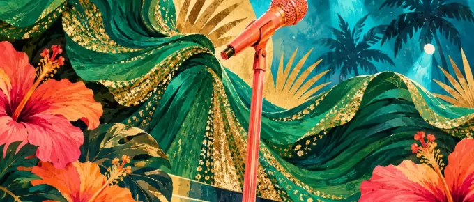 A symbolic tropical concert illustration with a microphone and flowing colour; not a portrait.