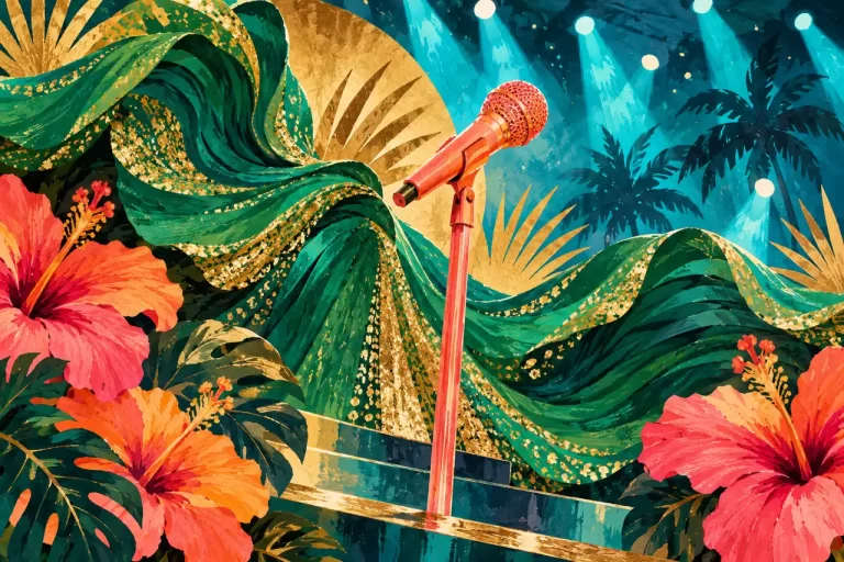 A symbolic tropical concert illustration with a microphone and flowing colour; not a portrait.