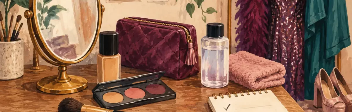 A considered first-look kit with a mirror, a few cosmetics, clothing and removal supplies.