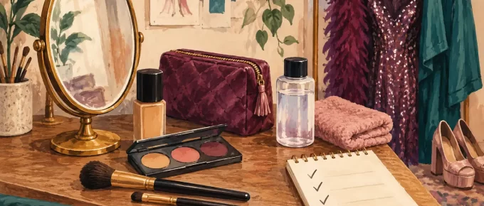 A considered first-look kit with a mirror, a few cosmetics, clothing and removal supplies.