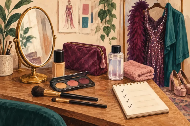 A considered first-look kit with a mirror, a few cosmetics, clothing and removal supplies.