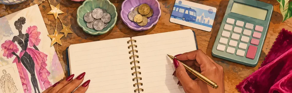 An illustrated first-look budget desk with separate allowances for clothing, care and travel.