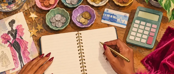 An illustrated first-look budget desk with separate allowances for clothing, care and travel.