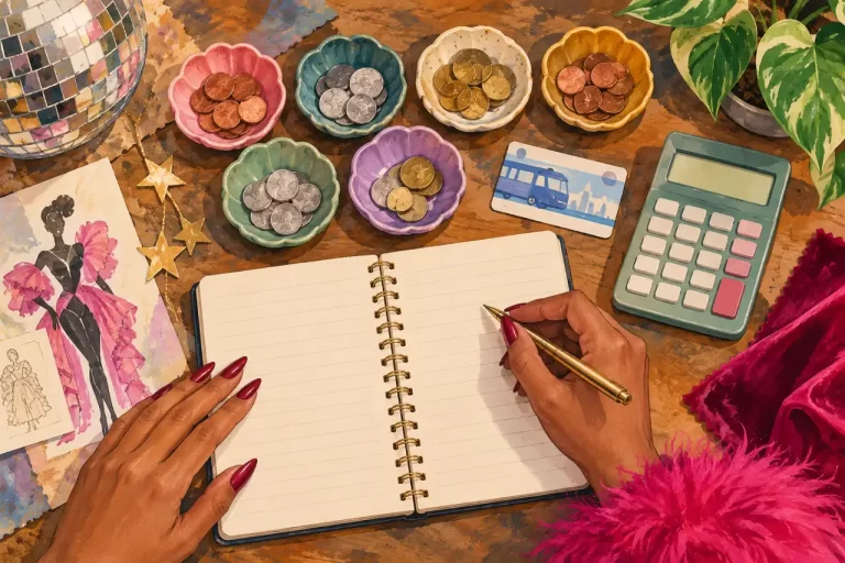 An illustrated first-look budget desk with separate allowances for clothing, care and travel.