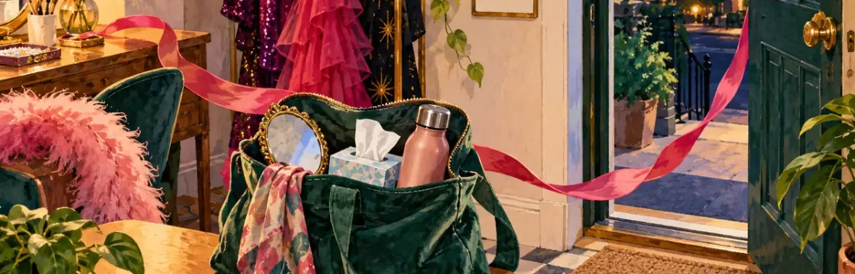 An outing bag, comfortable shoes and a preparation card beside an open doorway.