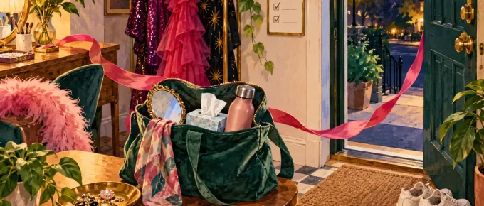 An outing bag, comfortable shoes and a preparation card beside an open doorway.