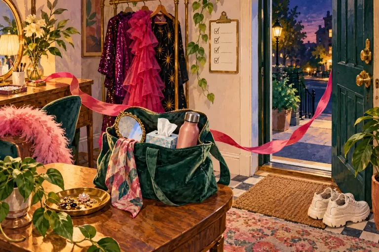 An outing bag, comfortable shoes and a preparation card beside an open doorway.