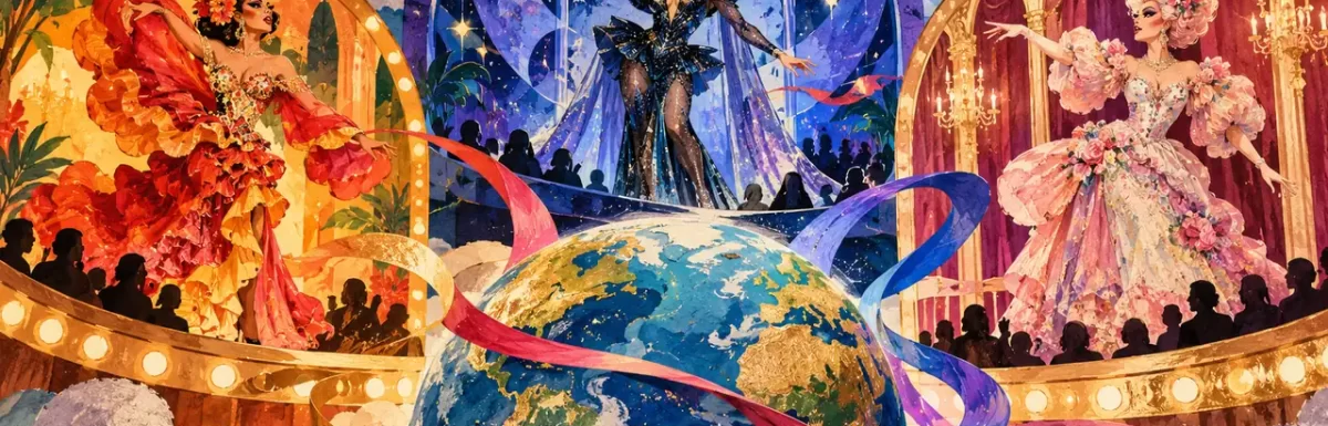 A symbolic globe connecting varied drag performance stages, not a geographic or competition map.
