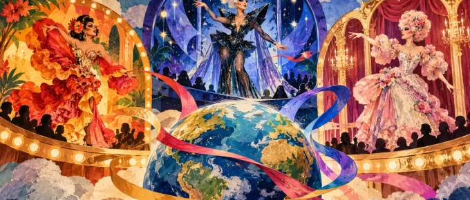 A symbolic globe connecting varied drag performance stages, not a geographic or competition map.