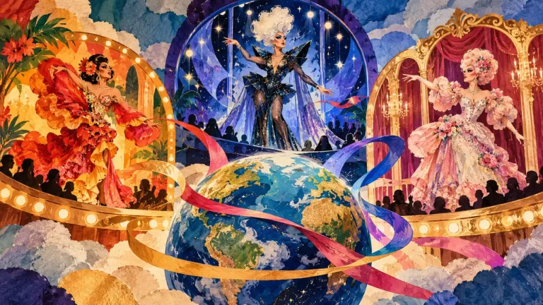 A symbolic globe connecting varied drag performance stages, not a geographic or competition map.