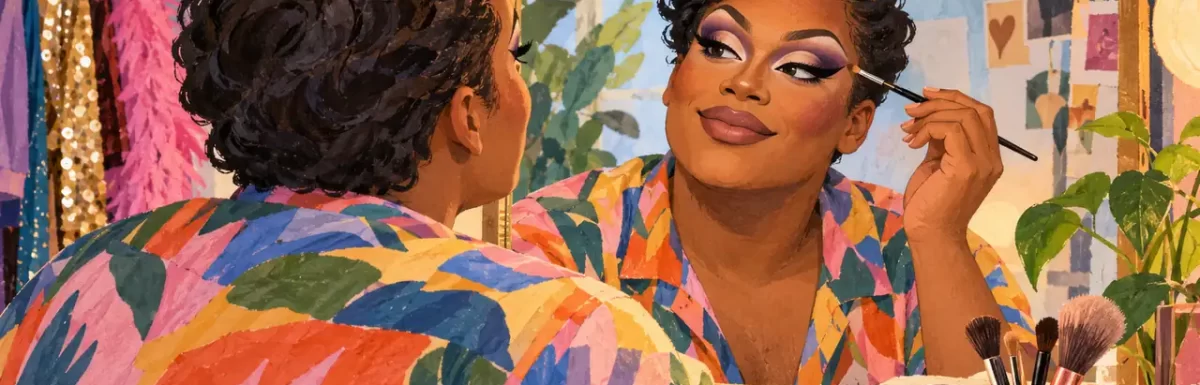 An illustrated beginner practicing a deliberate first makeup look at a dressing mirror.