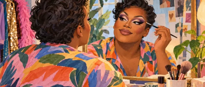 An illustrated beginner practicing a deliberate first makeup look at a dressing mirror.