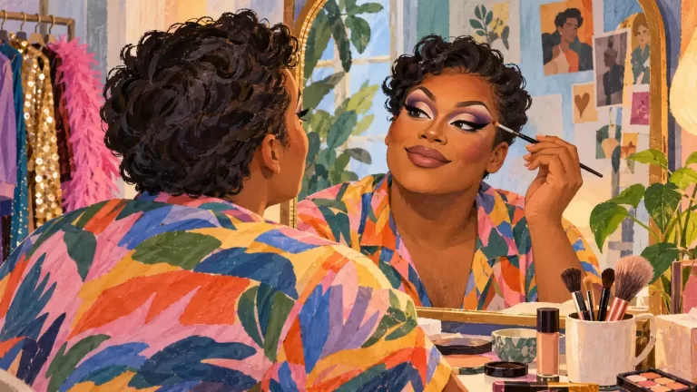 An illustrated beginner practicing a deliberate first makeup look at a dressing mirror.