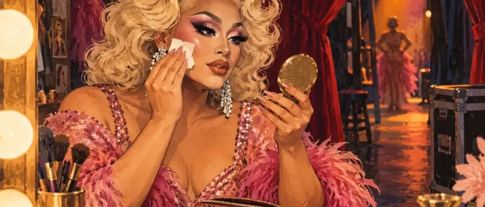 An illustrated performer making a small targeted touch-up backstage.