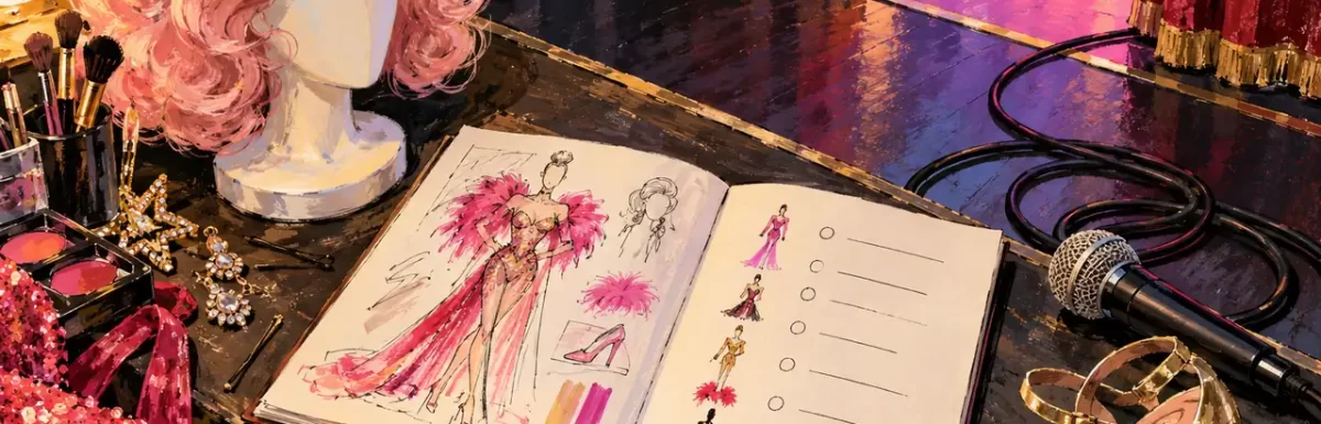 An artist notebook linking character, rehearsal and practical stage preparation.