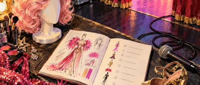An artist notebook linking character, rehearsal and practical stage preparation.
