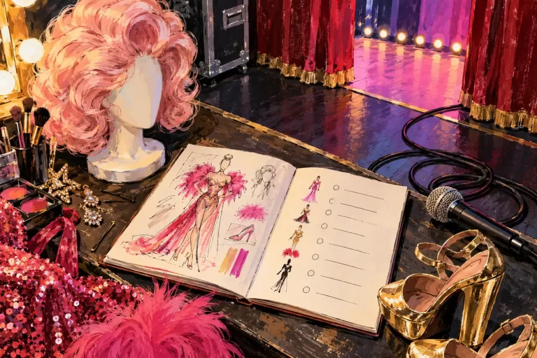 An artist notebook linking character, rehearsal and practical stage preparation.
