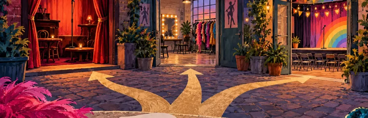 Three symbolic performance spaces and a branching path for exploring opportunities.