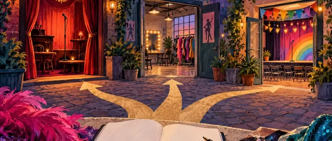 Three symbolic performance spaces and a branching path for exploring opportunities.