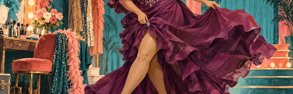 An illustrated performer checking how an outfit moves with the body.