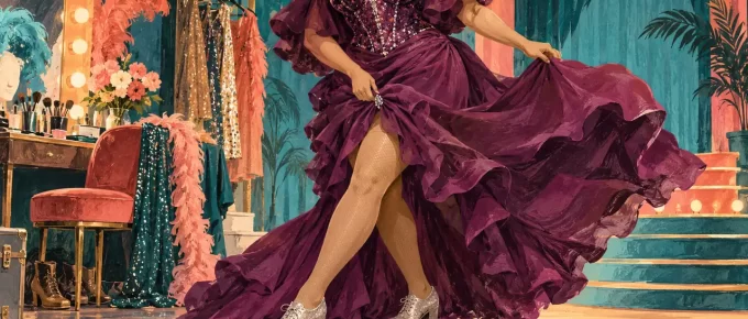 An illustrated performer checking how an outfit moves with the body.