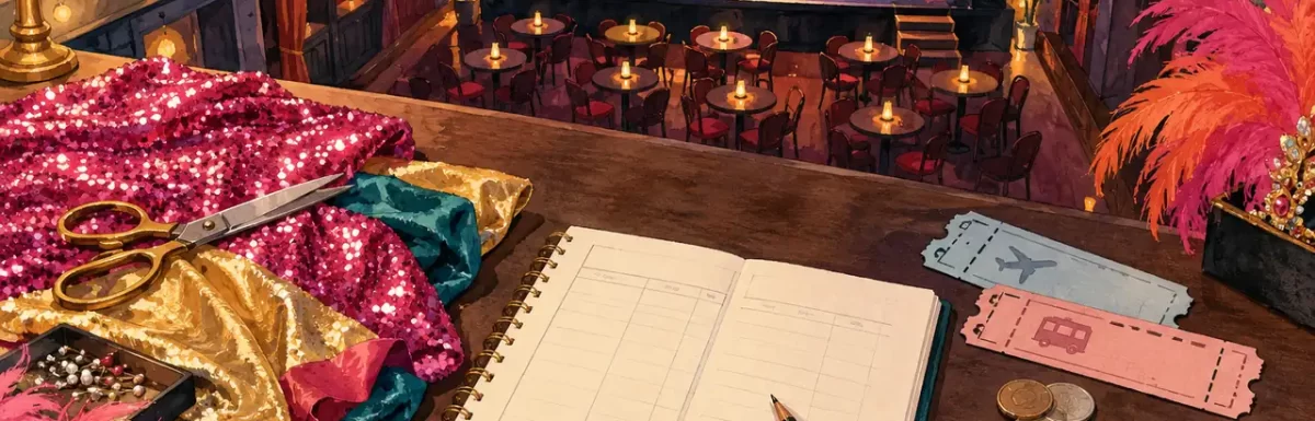 An illustrated performance-planning table with venue, travel and costume considerations.