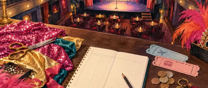 An illustrated performance-planning table with venue, travel and costume considerations.
