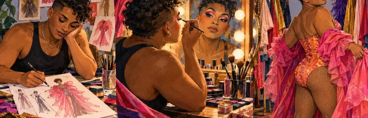 Three illustrated stages of a first look: choose an idea, practice and bring the outfit together.