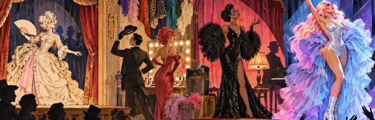 A symbolic panorama of theatre, cabaret and contemporary drag stages.