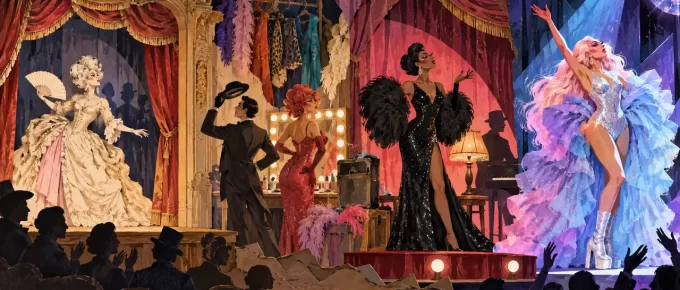 A symbolic panorama of theatre, cabaret and contemporary drag stages.