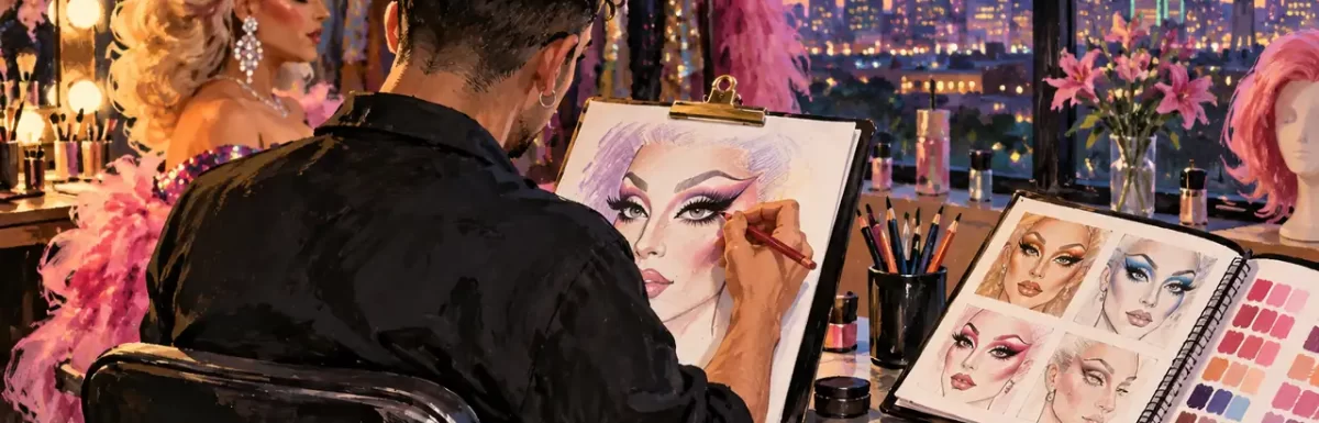 An original illustration of makeup planning and an artist portfolio, not a portrait.