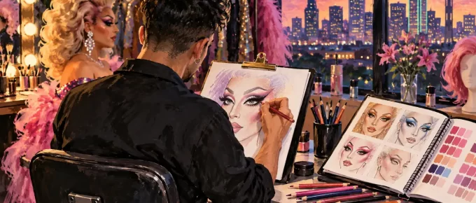 An original illustration of makeup planning and an artist portfolio, not a portrait.