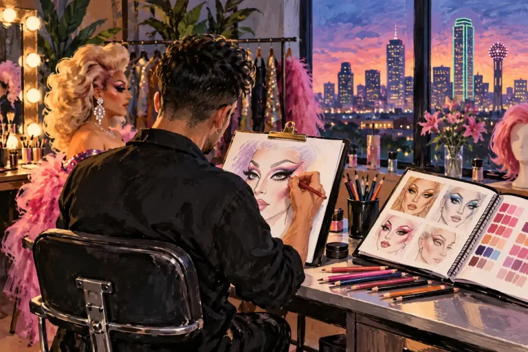 An original illustration of makeup planning and an artist portfolio, not a portrait.
