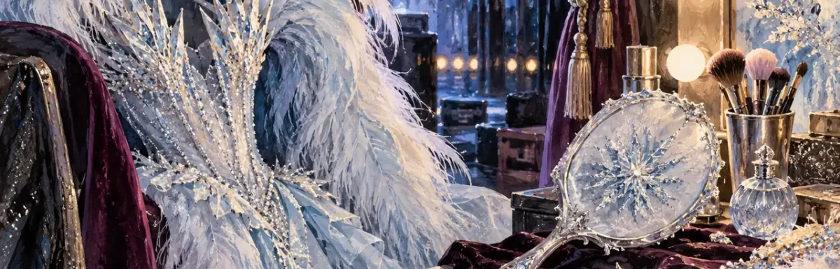 A symbolic silver-and-blue costume vignette for an artist profile, not a portrait or actual outfit.