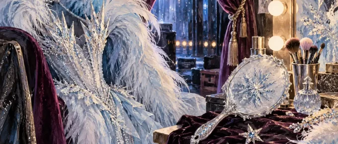 A symbolic silver-and-blue costume vignette for an artist profile, not a portrait or actual outfit.