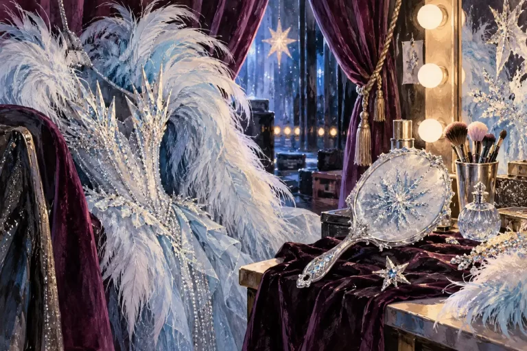 A symbolic silver-and-blue costume vignette for an artist profile, not a portrait or actual outfit.