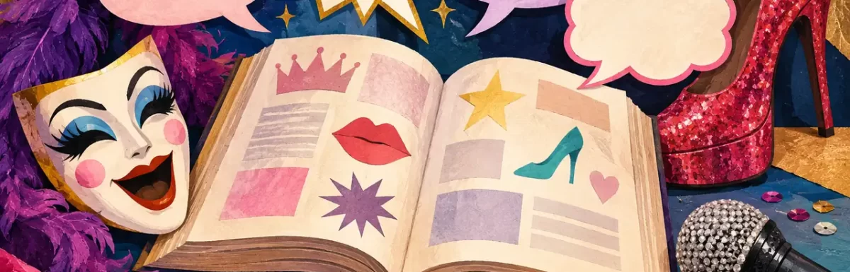 An illustrated drag vocabulary desk with speech balloons and expressive stage symbols.